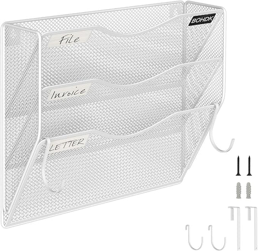 BOHDK Wall File Organizer, 3 Tire Hanging File Folder Mail Organizer, Vertical Mesh Metal Door/Wall Mount Hanging File Organizer, Paper Document Magazine Rack with Hooks for Home Office White