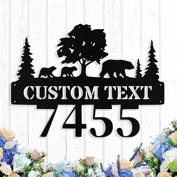 Custom Bear Metal House Number Sign Outside, Personalized Metal Address Signs Plague for Houses, Rustic Farmhouse Home Porch Yard Decor