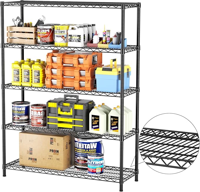 SINGAYE 5 Adjustable Heavy Duty Garage Shelving Wire Shelves Metal Standing Units Bathroom Organizers and Storage Shelf Closet Metal Pantry Kitchen 18" DX46 WX77 H Black