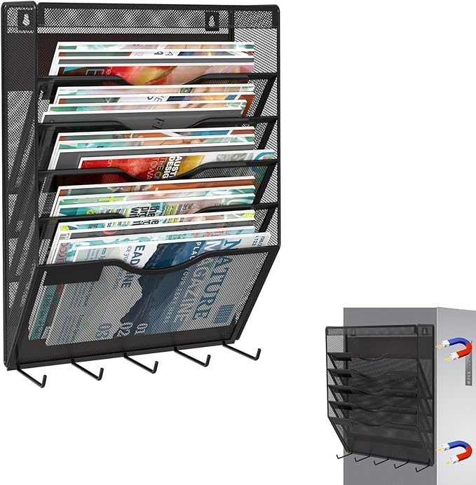 KZWKRG 6 Tier Magnetic File Holder with Hook, Magnetic File Organizer Folder Holder, Wall File Organizer, Hanging Magnetic Paper Holder for File Cabinets, Office, Whiteboard, Magnetic Mail Holder