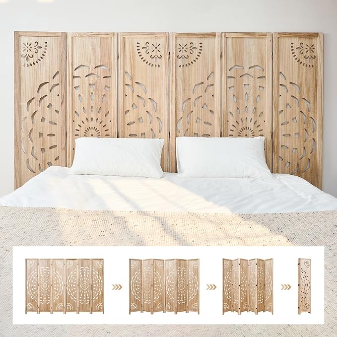 66.9Inch Wooden Room Partition - 6 Panels Boho-Styled Space Room Divider for Home/Office, Headboard & Yoga/Photo/Video Call Backdrop (Natural)