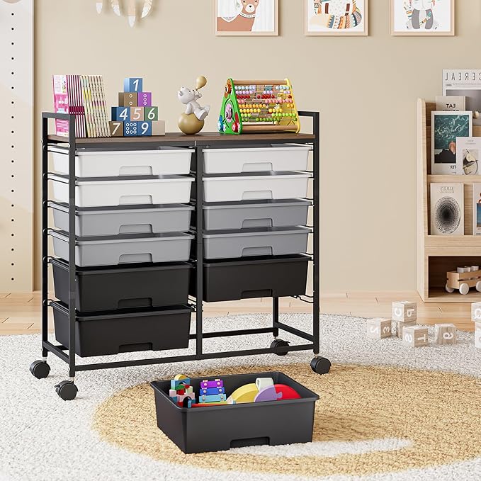 Rolling Storage Cart with 12 Drawers, Wooden Tabletop Utility Cart for Craft Storage, Art Supply Storage & Home Office Organization, Teacher Cart with Wheels for Classroom Organization, School (Grey)