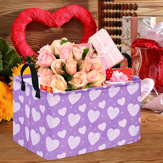 FUULOXE Rectangular Valentines Basket Storage Bin for Shelves Girls Gifts Baskets Foldable Box with Handles for Home Office Car Dormroom Valentine's Day Party Supplies