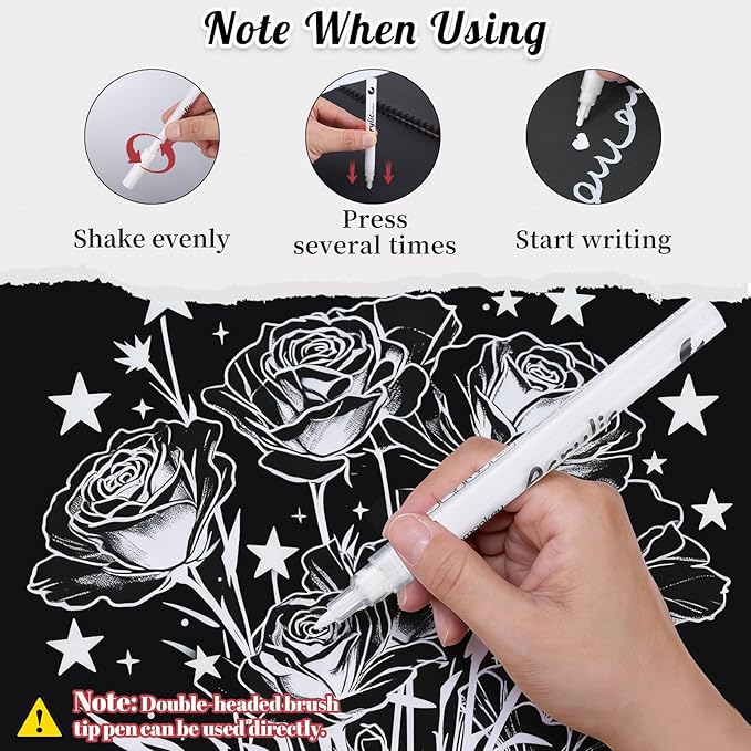 Thboxes White Pens Set, 6 Pcs Acrylic Paint Pens Dual-Tip Marker Fineliner Brush Pen Quick-Drying Waterproof White Ink Pen for Black Paper Drawing Sketching Clothes Wood Glass Ceramic Stone