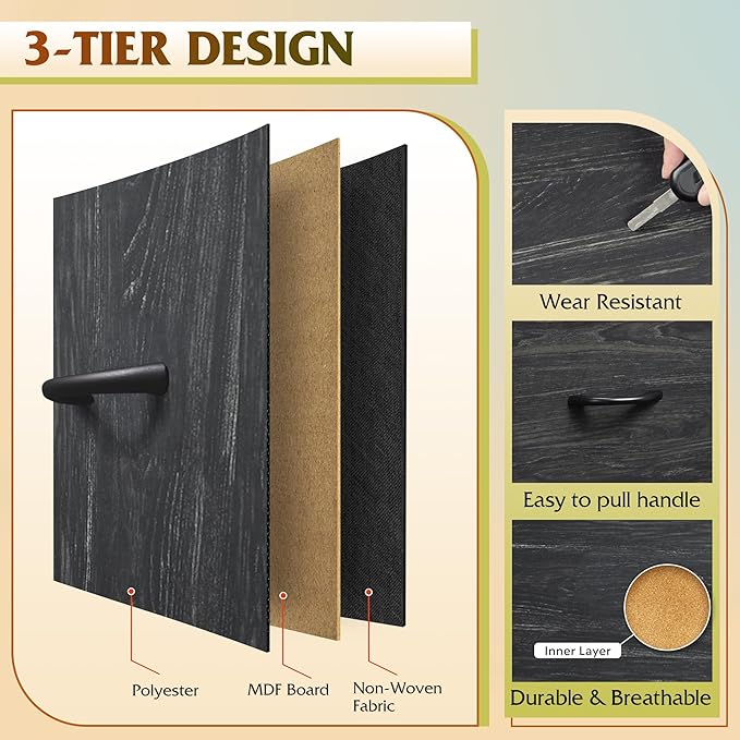 WLIVE Tall Dresser for Bedroom, Fabric Dressers Storage Tower, Dresser & Chest of Drawers with 11 Drawers, Storage Cabinet, Hallway, Closets, Steel Frame, Wood Top, Charcoal Black Wood Grain Print