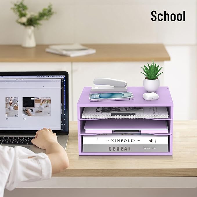 SHARKWOODS Wood Desk Organizer, 3 Tier Paper Tray Organizer for Desk with Adjustable Storage Shelves, Desktop File Organization Paper Sorter Mail Holder for Office Home Classroom, Purple