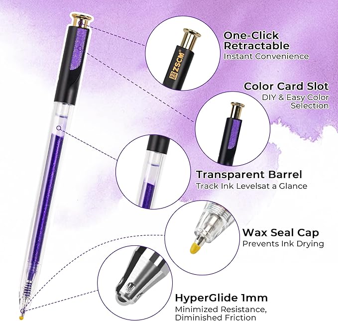 ZSCM Retractable Glitter Gel Pens, 12 Colors Large Capacity Purple Glitter Metallic Gel Ink Pens, 1 mm Fine Point Smooth Writing Color Pens for Adult Coloring Book Note Taking Aesthetic Art Supplies