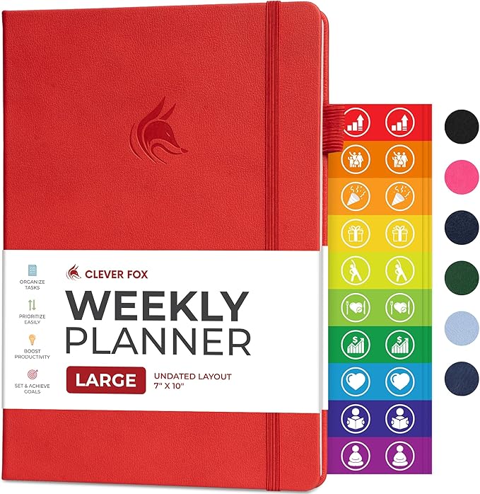 Clever Fox Planner Large – Undated Weekly & Monthly Planner for Productivity, Time Management & Goals – Organizer Journal – 7x10” (Red)