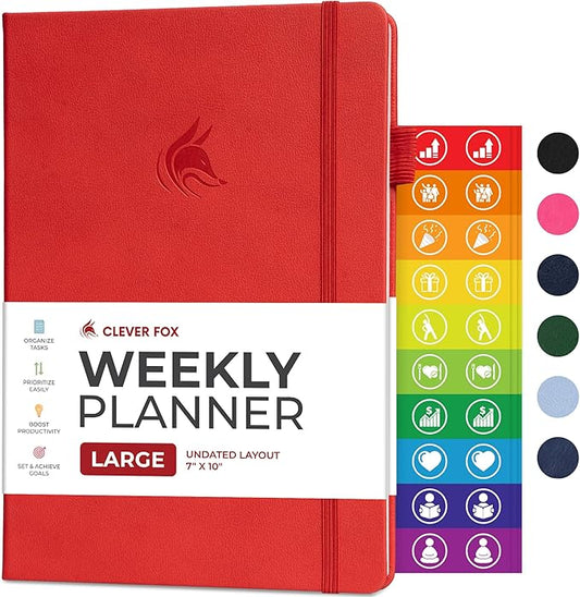 Clever Fox Planner Large – Undated Weekly & Monthly Planner for Productivity, Time Management & Goals – Organizer Journal – 7x10” (Red)