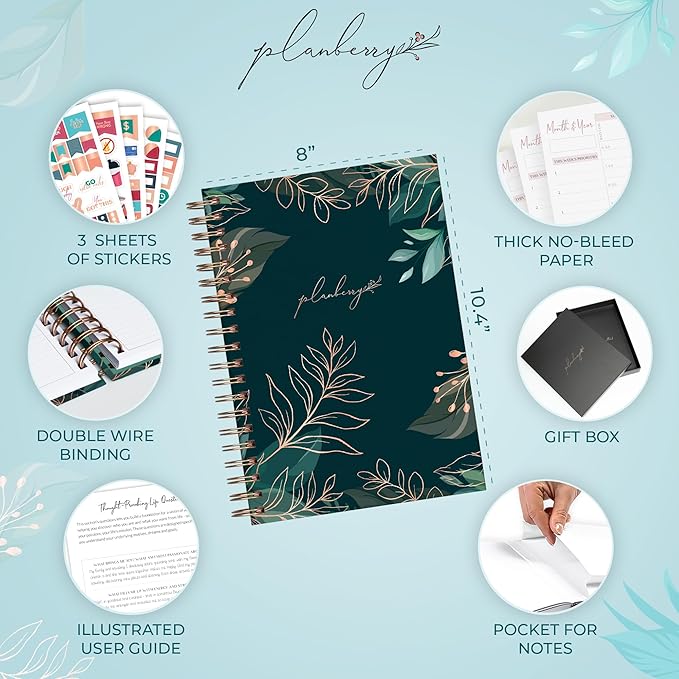 PLANBERRY Large Hourly Schedule Planner Premium – Undated Organizer for Productivity, Time Management & Budget, 8x10.4″ (Green Pastures)