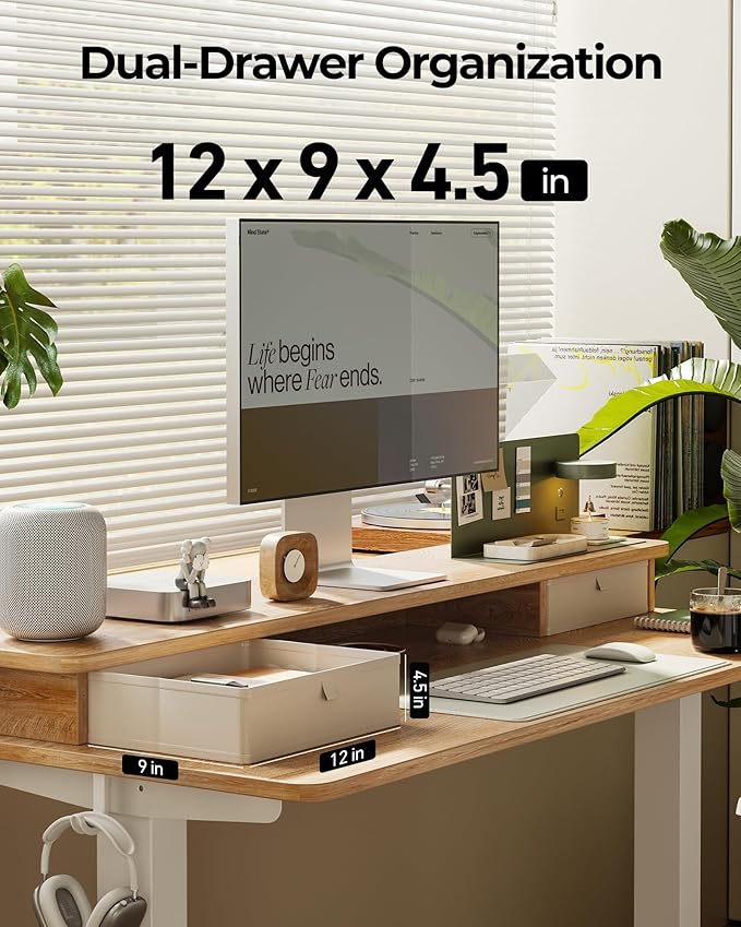 FEZIBO 60 x 24 Inch Height Adjustable Electric Standing Desk with Double Drawer, Stand up Home Office Computer Desk with 4 Height-Adjustable Feets & 2 Hooks, Maple