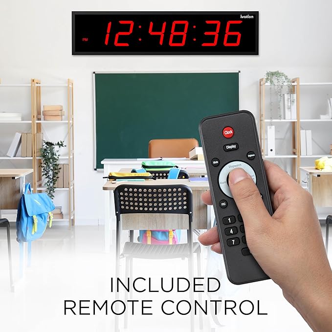 Ivation Huge Oversized 72" Large Digital LED Clock | Big Digital Clock w/Multi-Function Display – Stopwatch, Timer, Alarms, Temp & Date | 6 Brightness Levels, Time Memory & Remote (Red)