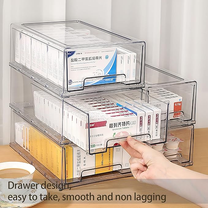 Sgoostood 2 Pack - Clear Pulling Medicine Drawer First Aid Kit Box for Bathroom, Cabinet, Closet,Medicine Organizer, Medicine Storage Box Adhesive Bandages Family Emergency Kit (L drawer)