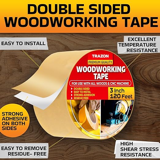 Trazon Double Sided Woodworking Tape Super Strong, 3 Inch x 120 Feet, Wood Crafter Sticky Tool, Two Side Adhesive for Router Templates and CNC Machine, Removable & Residue Free