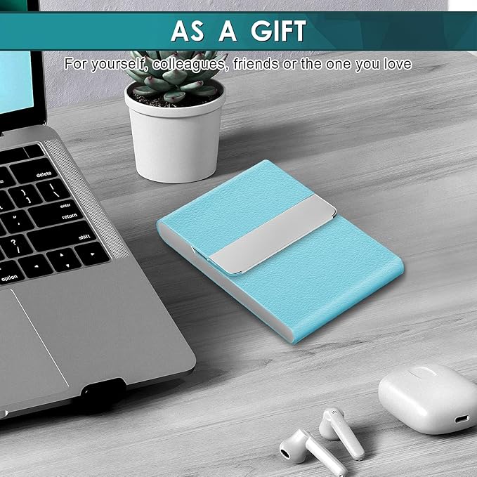 DMFLY Business Card Holder, Pocket Business Card Case, Slim Card Holders for Men or Women, PU Leather Business Card Carrier Metal RFID Blocking Name Card Holder with Magnetic Clasp