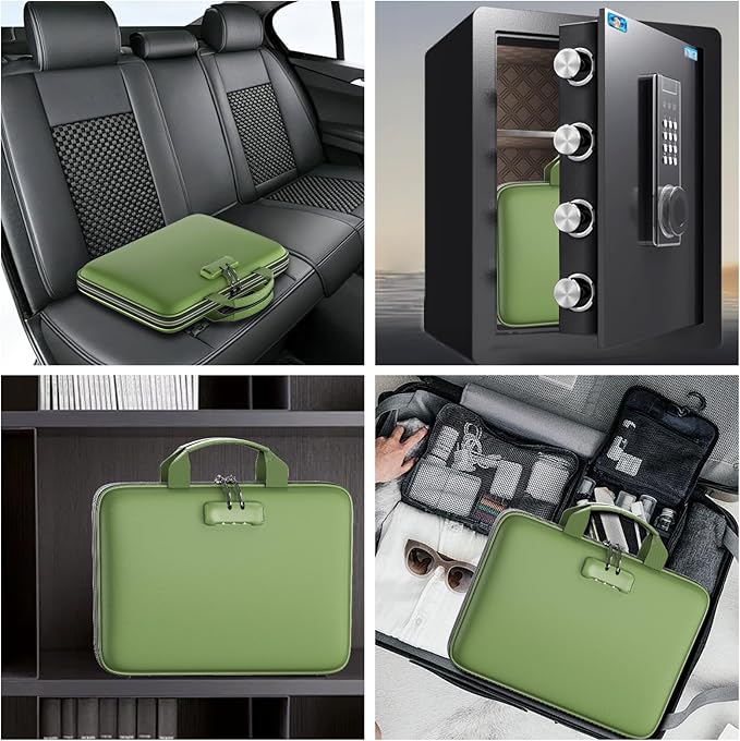 Fireproof File Organizer with Lock, Hard-Shell Case Fireproof Document Box with 13 Pockets Accordion File Folder, Important Document Organizer for Letter A4 Files Laptop Passports (Green)