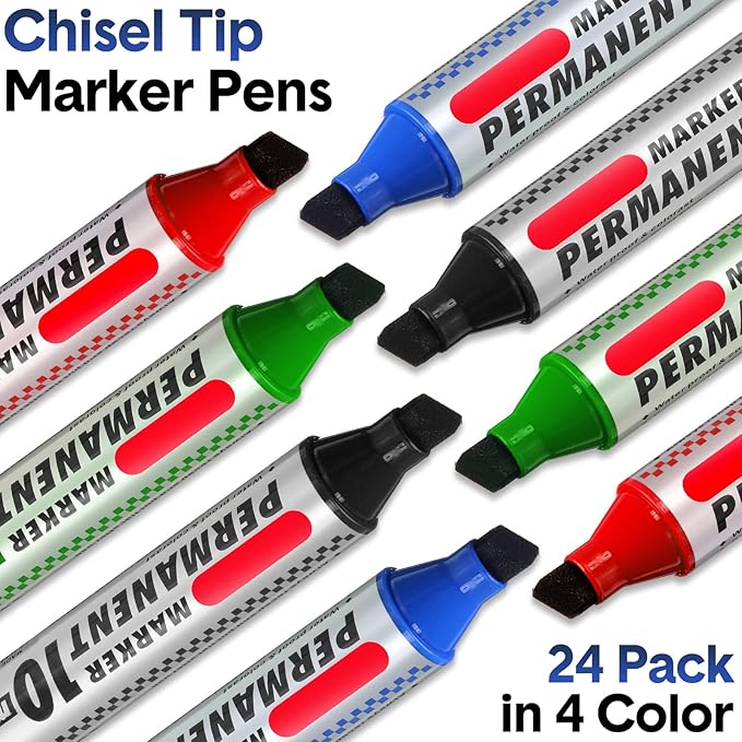 Thenshop 24 Pack Jumbo Permanent Markers Bulk: Large Chisel Tip Permanent Markers Quick Drying Waterproof Pallet Pens for Office Logistics Company and More(Black, Blue, Red and Green)