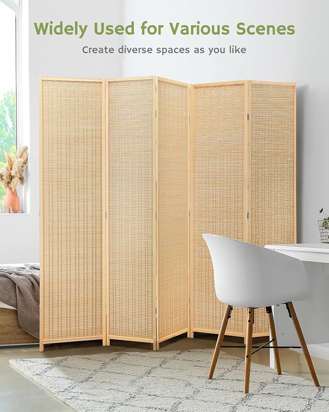 JOSTYLE Room Divider Folding Privacy Screen, 5 Panel Room Dividers 6 ft. Tall Bamboo Partition Wall Separation Dividers Freestanding, 99" W * 70.9" H
