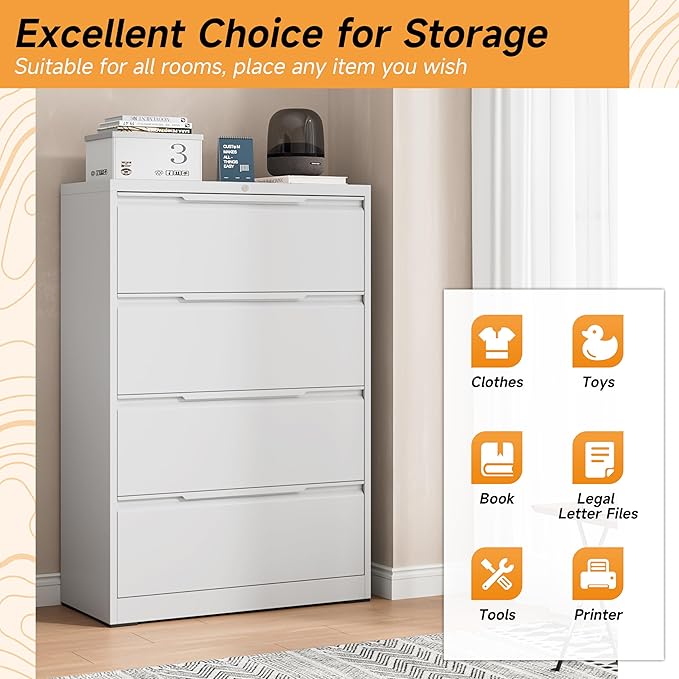 Bestoo 4-Drawer Lateral File Cabinet with Lock, Filing Cabinet for Home Office, Metal File Storage Cabinets, Fits File Folders, Letter/Legal/F4/A4 Sizes, Assembly Required (White)