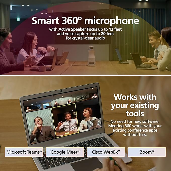 RICOH Meeting 360-360° Conference Room Camera - AI-Powered - Active Speaker Focus - USB-C Bus Powered - Zoom Certified - Works with Microsoft Teams, Google Meet, Cisco Webex