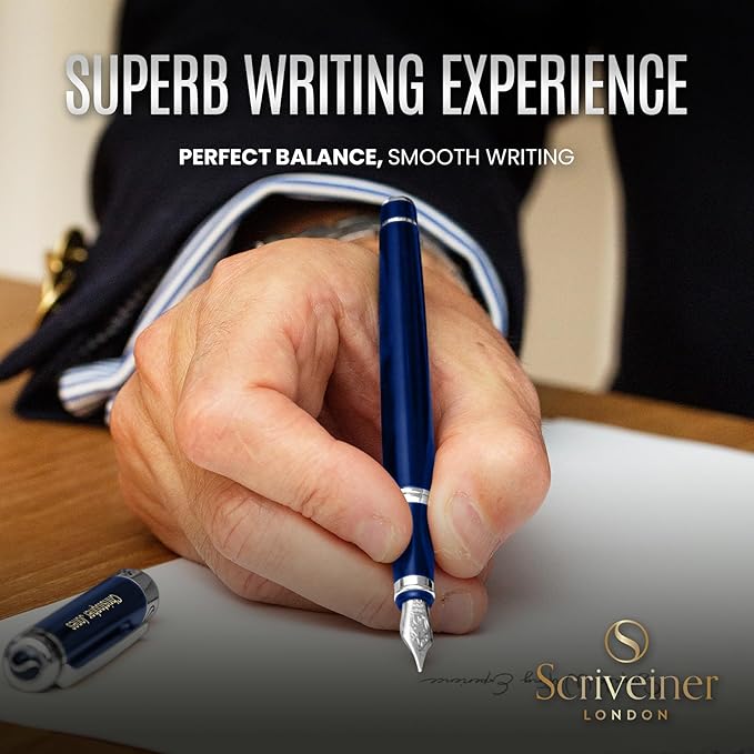 Scriveiner Personalized Midnight Blue Fountain Pen - Stunning Blue Lacquer Luxury Pen, Chrome Finish, German Schmidt Nib (Medium), Best Engraved Pen Gift Set for Men & Women, Name Engraving