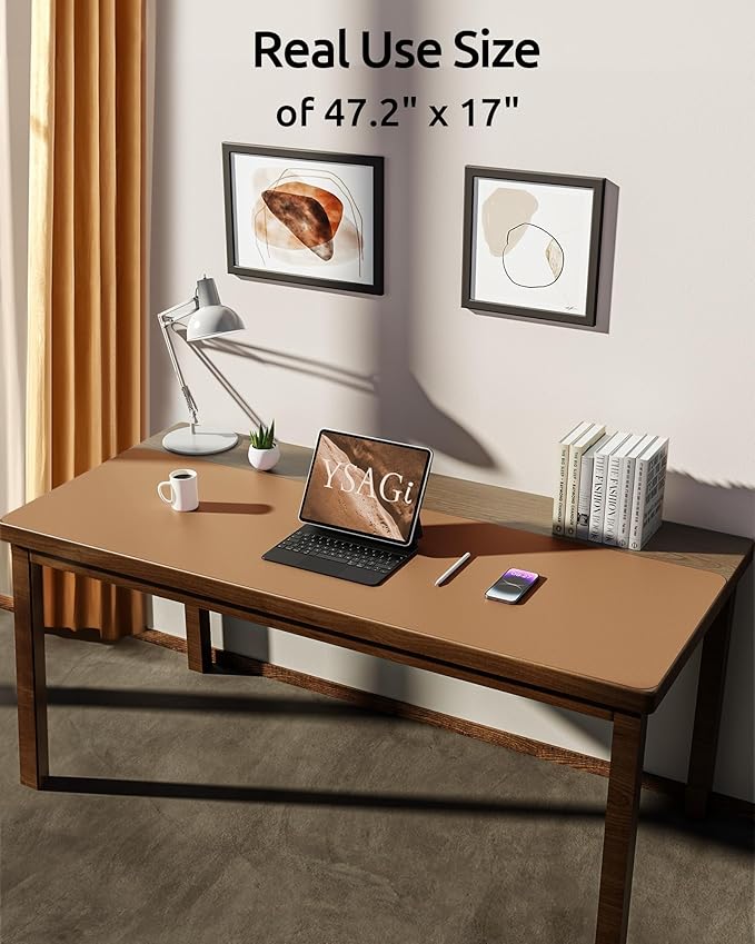 YSAGi Leather Desk Protector, Office Mat, Large Mouse Mat, Non-Slip PU Leather Blotter, Laptop Desk Pad, Waterproof Writing Pad for Office and Home (Khaki, 47" x 17")