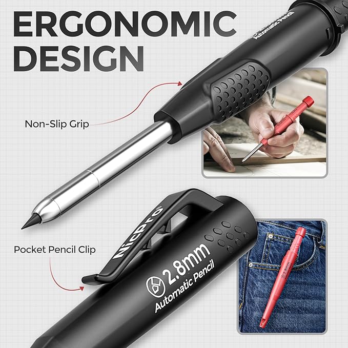 Nicpro 2 Pack Carpenter Pencils with Sharpener, CP3000 Mechanical Carpenter Pencils with 38 Refills, Heavy Duty Construction Pencil, Woodworking Tools for Architect Marking (Black, Red) - With Case