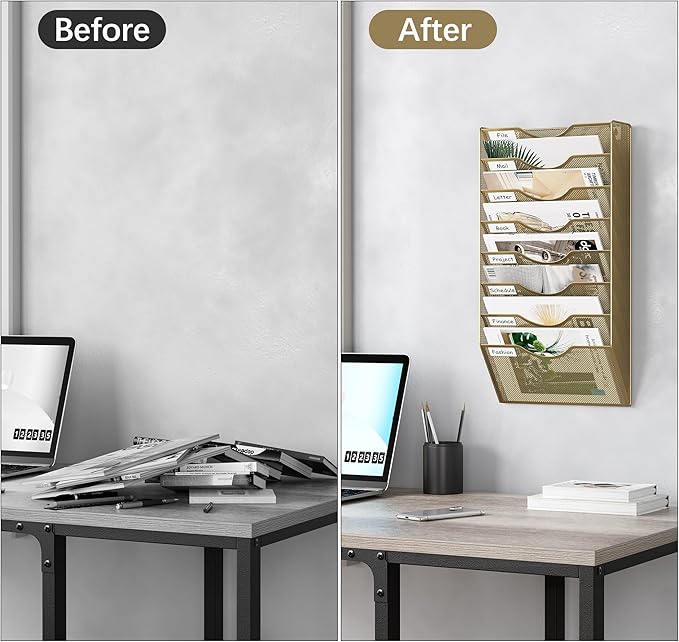 EasyPAG 8 Pocket Mesh Wall File Organizer, Hanging Paper Folder Holder with Classify Label, Vertical Wall Mount Mail Organizer for Office Home Classroom, Gold