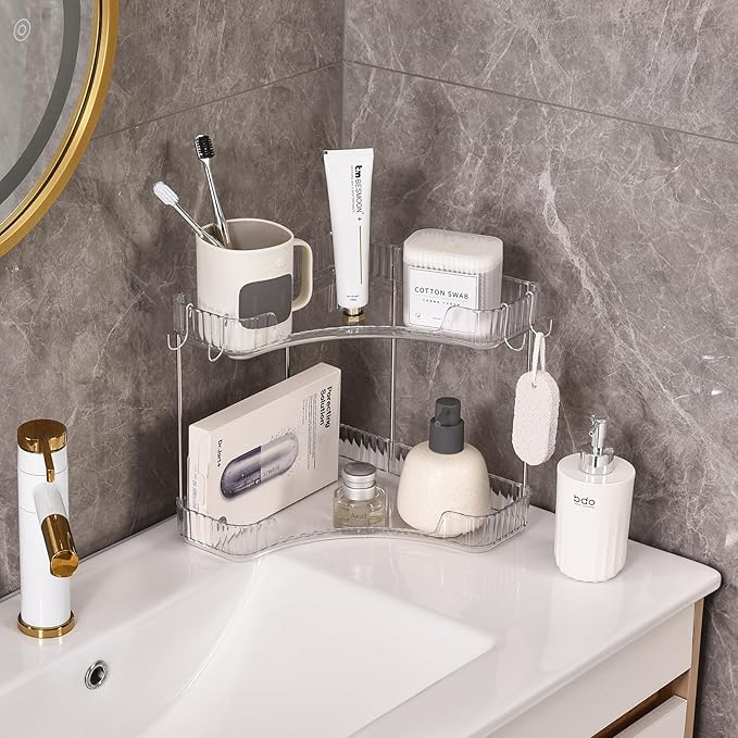 Trdongxu 2-Tier Corner Bathroom Organizer Countertop with Hooks, Bathroom Sink Corner Vanity Storage for Makeup, Skincare and Perfume (White Silver)