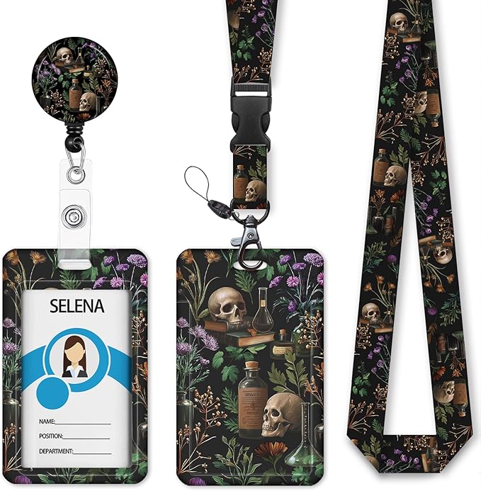ID Badge Holder with Lanyard, Lanyards for ID Badges ID Card Holder, Cute Badge Reel Badge Clip Retractable, Teacher Nurse School Student Office Gifts Goth Mystical Floral