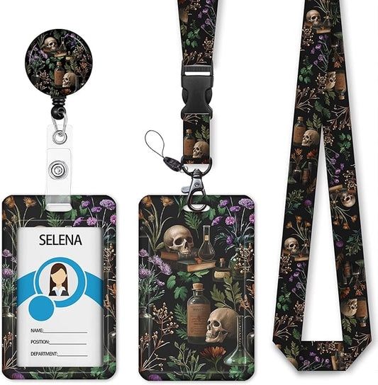 ID Badge Holder with Lanyard, Lanyards for ID Badges ID Card Holder, Cute Badge Reel Badge Clip Retractable, Teacher Nurse School Student Office Gifts Goth Mystical Floral