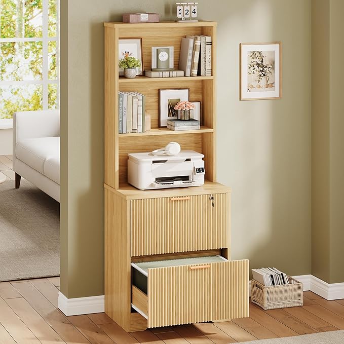 SEDETA 2 Drawer File Cabinet with Lock, Wood Filing Cabinet fits Letter, Legal, A4 Size, Hanging File Folders, Farmhouse File Cabinets for Home Office with Adjustable Storage Shelf, Natural Oak
