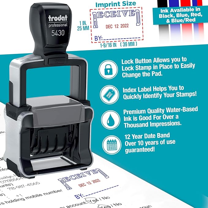 Trodat 5430 Professional Self-Inking Date Stamp with Paid - Blue Ink