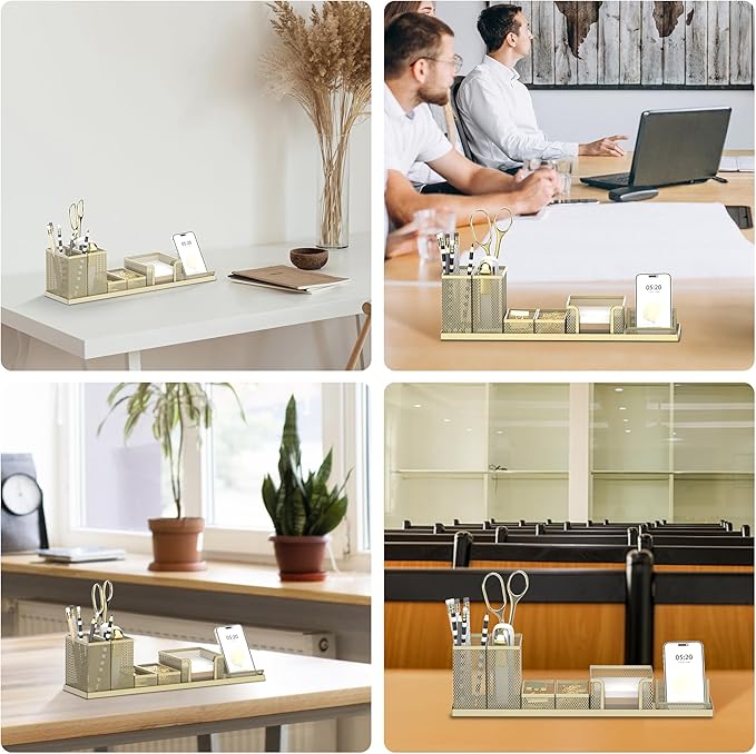 SUPEASY Pen Holder for Desk, 6 Piece Mesh Desk Organizer set for Office Organization with Mail Organizer, Letter Phone Holder, Sticky Notes Caddy Storage, Golden Yellow