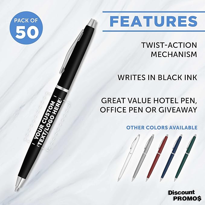 DISCOUNT PROMOS Custom Langham Ballpoint Pens Set of 50, Personalized Bulk Pack - Black Ink, Great for Office, School, Business, Tradeshows - Black