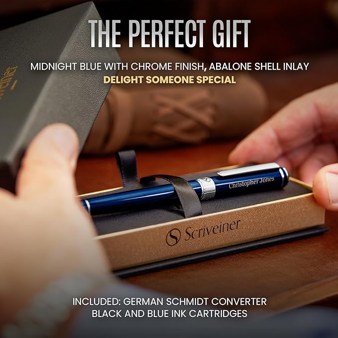 Scriveiner Personalized Midnight Blue Fountain Pen - Stunning Blue Lacquer Luxury Pen, Chrome Finish, German Schmidt Nib (Medium), Best Engraved Pen Gift Set for Men & Women, Name Engraving
