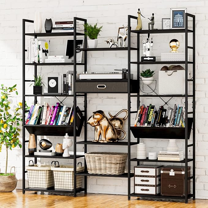 NUMENN Triple Wide 6 Tier Bookshelf, Adjustable Rustic Industrial Style Book Shelves, Modern Bookcases and Bookshelves Furniture for Bedroom, Living Room and Home Office, Black