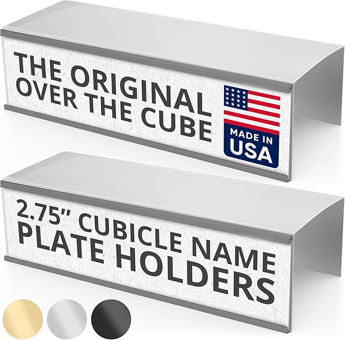 The Original Over the Cube - Quality Aluminum, Changeable Cubicle Nameplate Holder, Satin Silver Base, and Silver Name Plate Holder, (2.75" cubicle wall depth) - Made in the USA