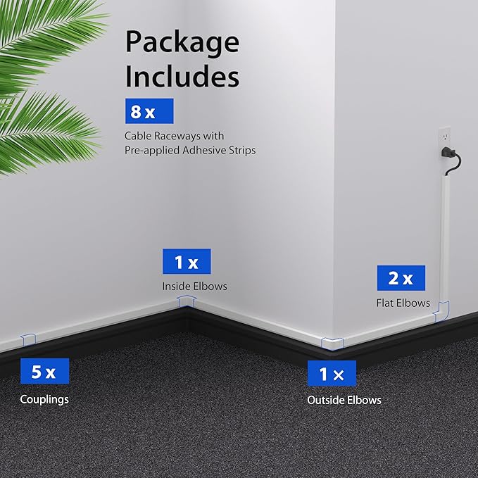 Cord Hider Wall for One Cord, 136in Cord Covers for Wires on Wall, Easy Install Cable Cover Wall, Cable Raceway White Hide Cords, Cable Hider Cord Management Wall, 8X L17in W0.6in H0.4in