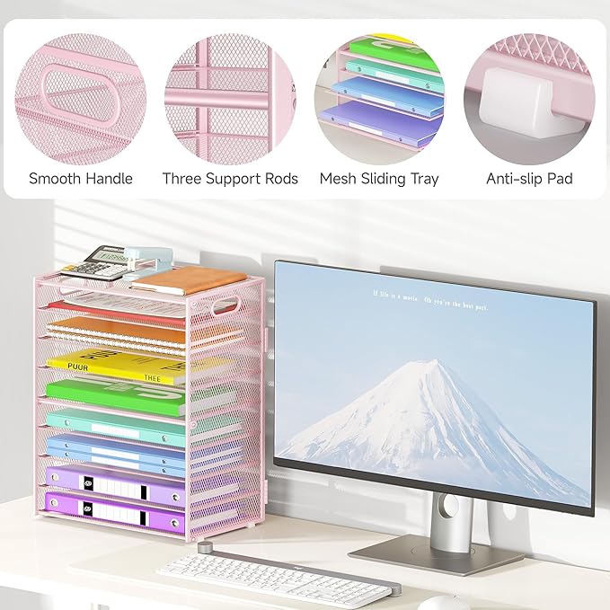 Cawukege 9 Tier Paper Organizer with Handle, Large Capacity Desk Organizer Mesh File Folder Letter Paper Tray Desktop Document Sorter for Classroom, School, and Office Accessories Organization- Pink