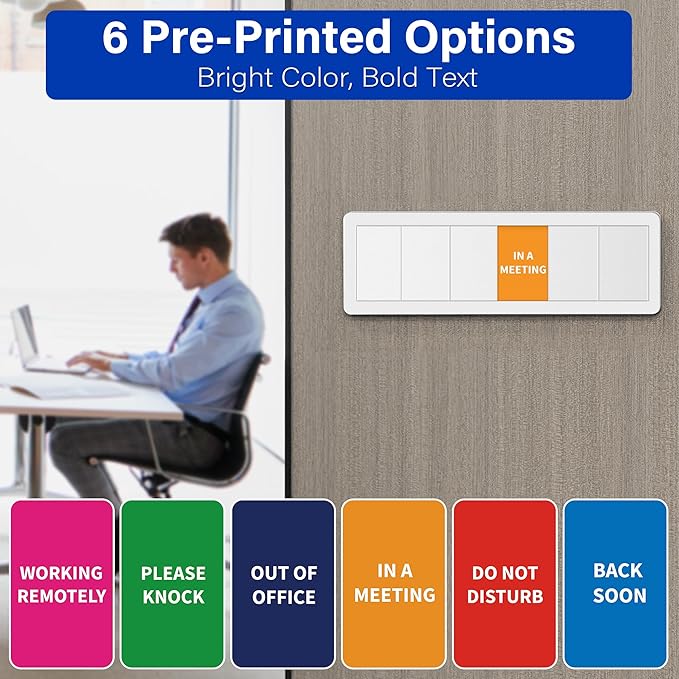 Office Door Signs with 6 Printed Status Options – Do Not Disturb, Out of Office, In a Meeting, Please Knock, Work from Home, Back Soon – Includes Custom Personalized Blank Sticker for Privacy Workspace or Studio Available and Away