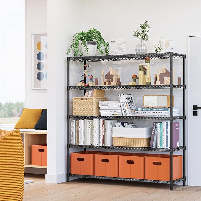 M MZG 5 Tiers Storage Shelves Load 3300LBS, Metal Shelving Wire Metal Shelving Unit Shelves for Storage Adjustable Garage Shelving for Pantry Kitchen Garage Black 17.7" D x 59.1" W x 70.4" H