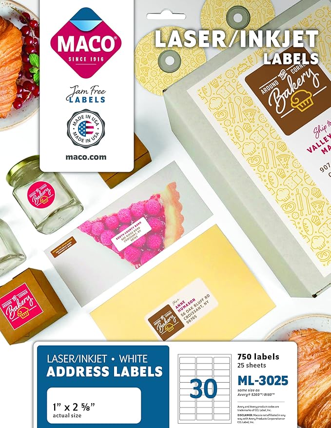 MACO Laser/Ink Jet White Address Labels, 1" x 2-5/8", 30 per Sheet, 750 per Pack (ML-3025)