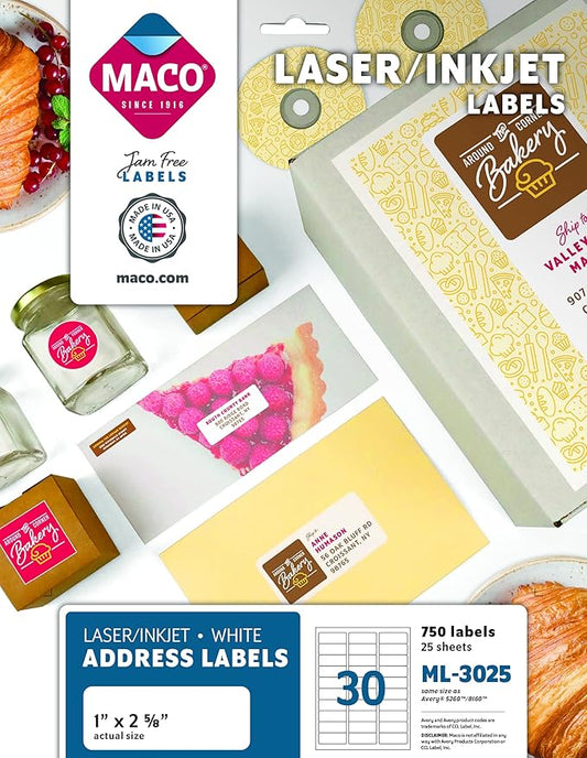 MACO Laser/Ink Jet White Address Labels, 1" x 2-5/8", 30 per Sheet, 750 per Pack (ML-3025)