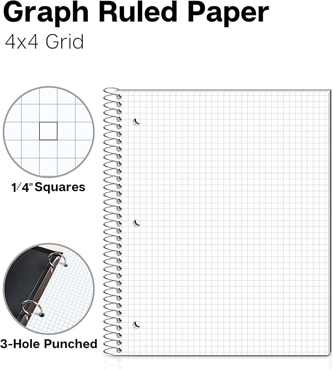Dunwell Graph Paper Notebook 8.5 x 11 (Black) Plastic Cover, 100 Sheets (200 Pages), 4x4 Squares, 1 Subject Graph Paper Spiral Notebook, 1/4" Grid, Pocket Divider, Easy Tear-Off, 3-Hole Punched