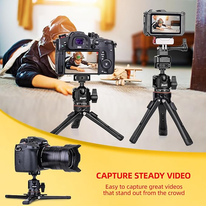 Zeadio Metal Camera Mini Tripod, with 1/4" Screw Ball Head Mount, Adjustable Heights Desktop Vlog Stand for Smooth 4 Osmo Mobile Ronin-S Vimble 2 Gimbal Handle Grip Stabilizer and All Cameras