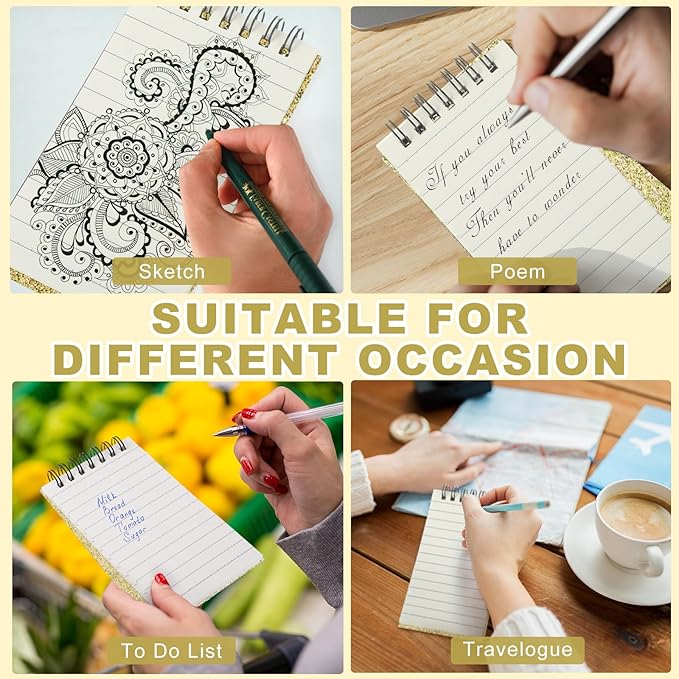 Tenceur 6 Pcs Pocket Notebook Small 3x5 Inch Spiral Notepads Mini Top Bound Notebook with Lined 120 Pages Ruled Memo Pads for Office College Nurse Essentials Back to School Gift (Glitter Gold)