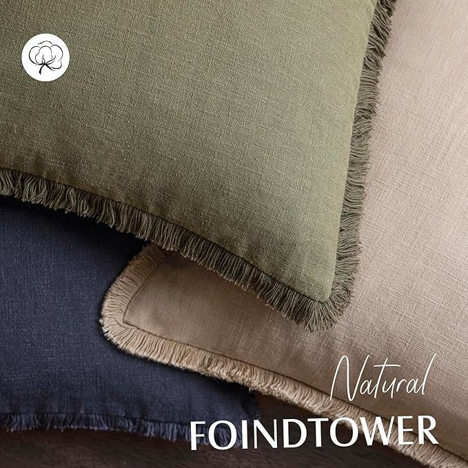 Foindtower Set of 2 Decorative Linen Fringe Throw Pillow Covers Boho Farmhouse Cushion Cover with Tassels Soft Accent Pillowcase for Couch Chair Sofa Bed Living Room Home Decor,18×18 Inch,Tan Beige
