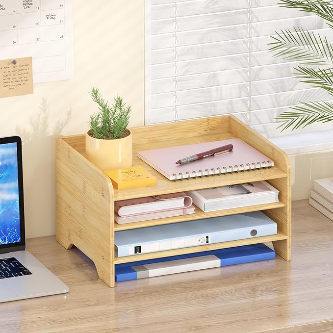 Wisuce Essentials Bamboo Desk Organizer Mail Holder Countertop Letter Tray File Organizer for Desk Letter Sorter Paper File Storage for School Home Office Supplies