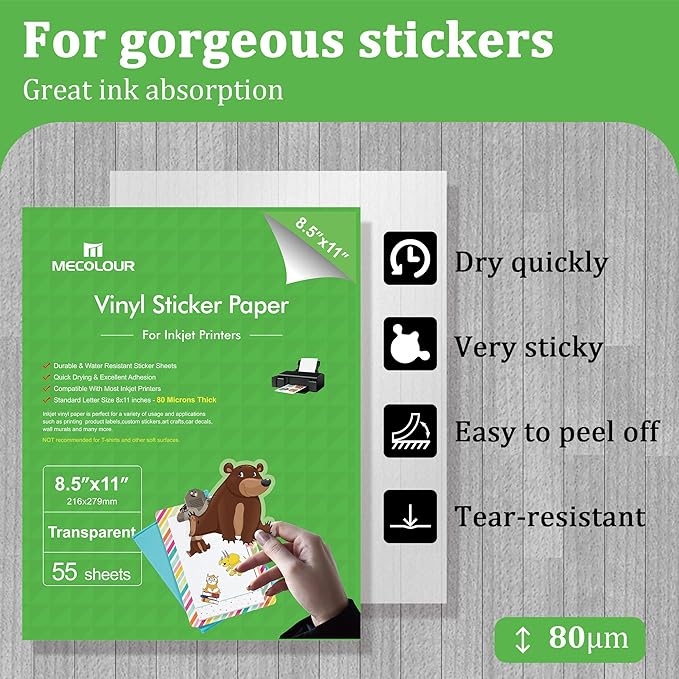 MECOLOUR Clear Sticker Paper for Inkjet Printer -95% Transparent 8.5x11 Inch Vivid Colors, Tear Resistant -50 Sheets